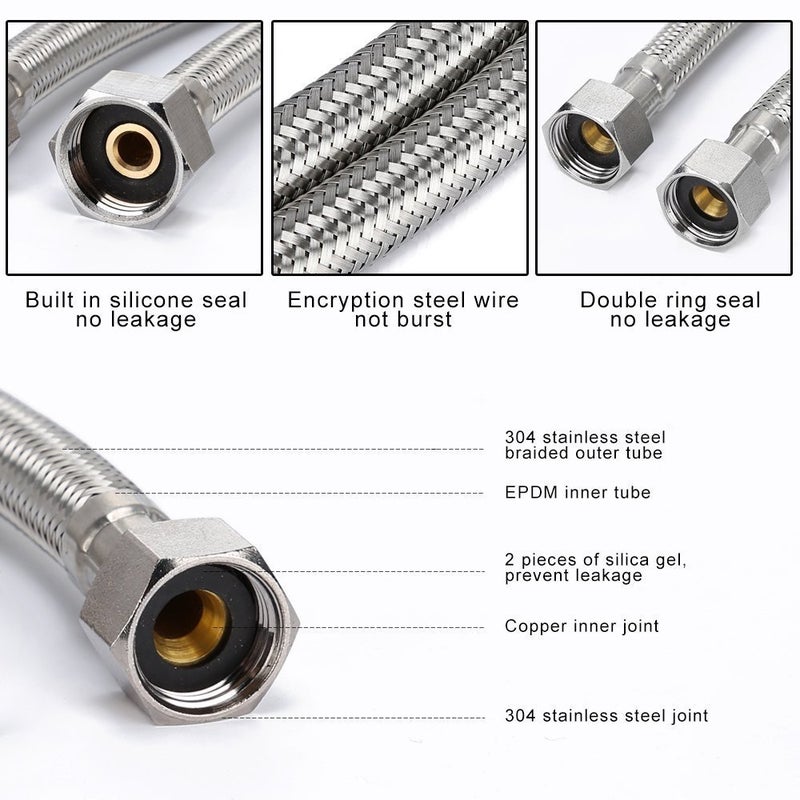 Vataler Faucet Line Connector Braided 304 Stainless Steel Supply Hose 1/2" I.P. Female Thread to 1/2" I.P. Female Straight Thread Faucet Hose Replacement (One Pair) - Image 2